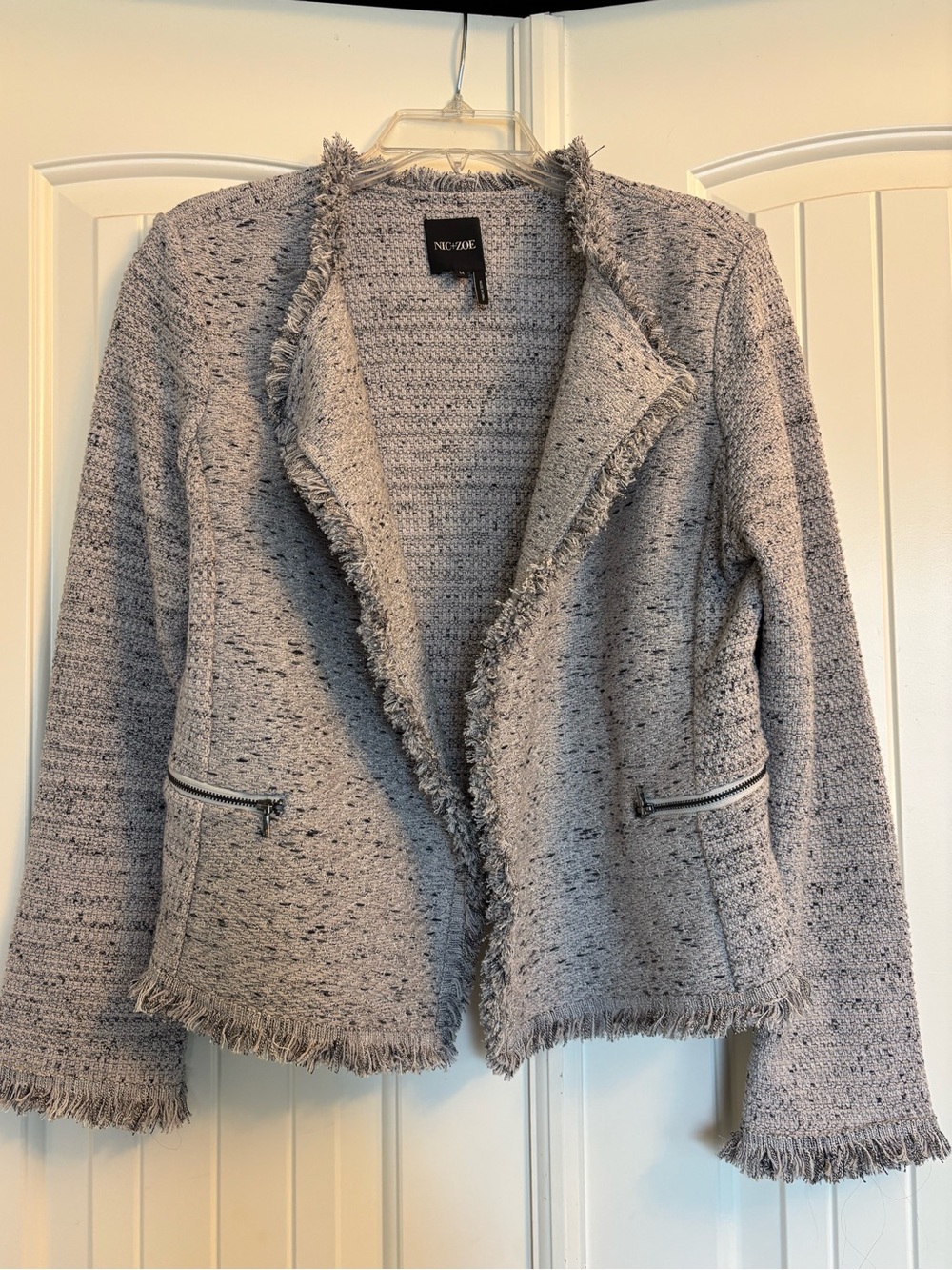 NIC+ZOE Light Gray Fringed Knit Blazer